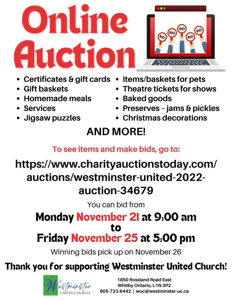 Westminster United Church, Whitby, Ontario:  Online Auction Nov. 21 – 25, 2022